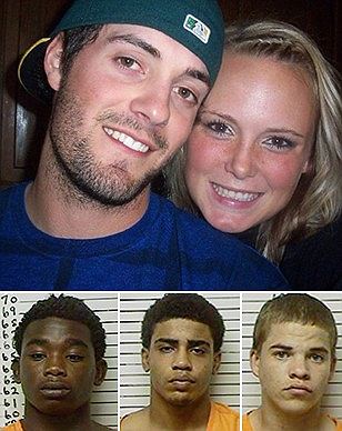 Christopher Lane with his girlfriend (top).  The three murdering thugs; James Francis Edwards Jr, Chancey Allen Luna and Michael Dewayne Jones (bottom)